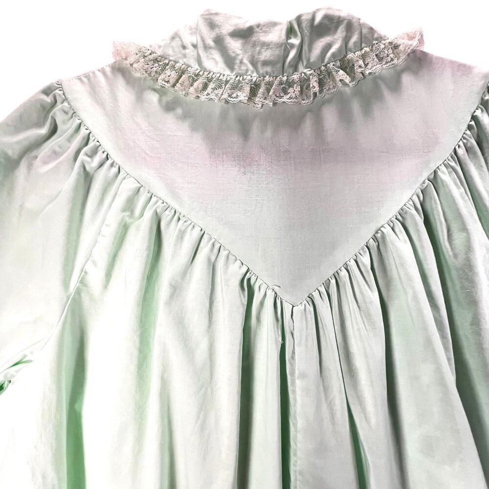 Vtg Lisanne Mint Green Button Down Housecoat Robe Lace Collar Pockets Cotton SS - Picture 13 of 16